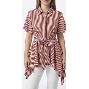 True Destiny Red White Stripe Button Tunic Blouse Womens L Belt Handkerchief Hem